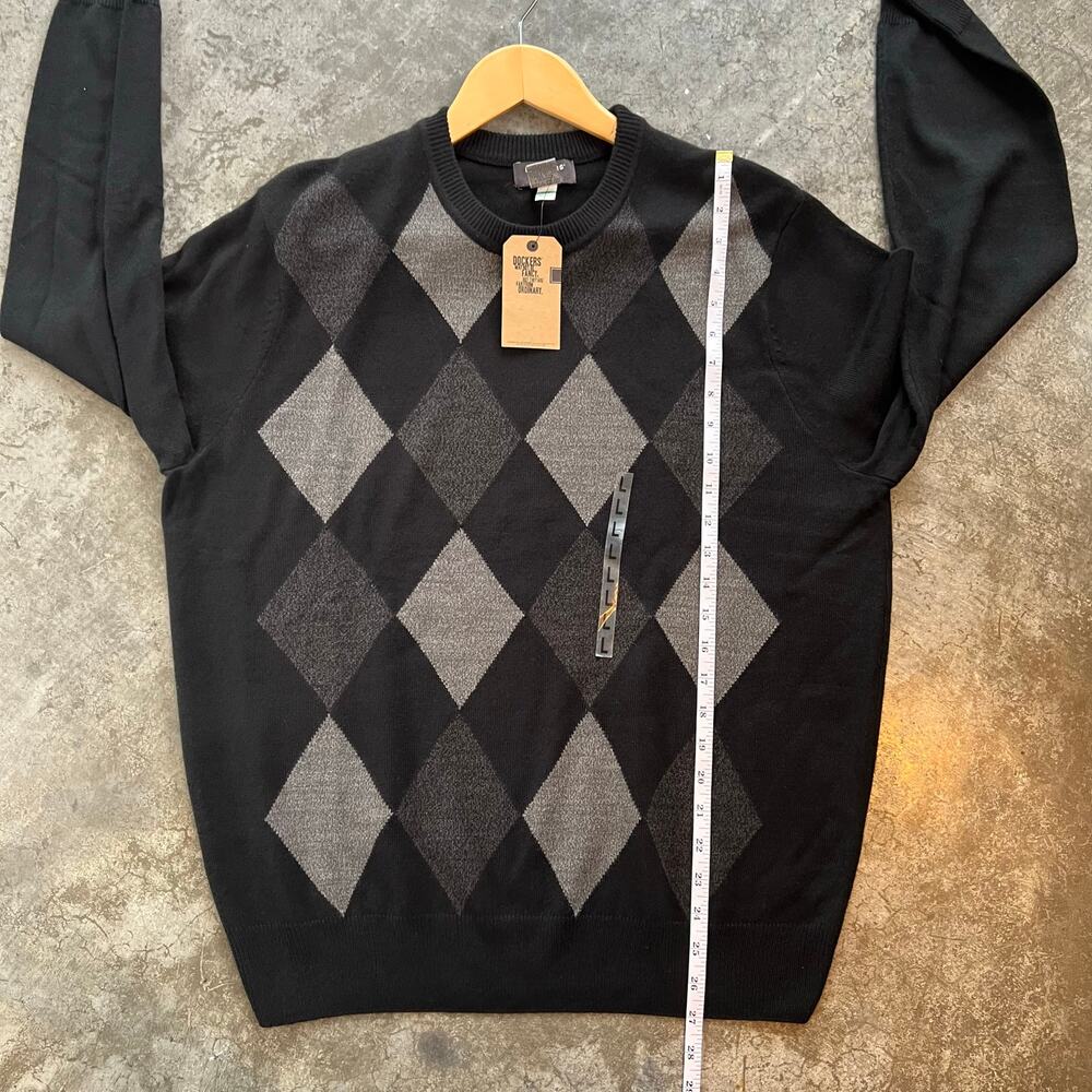 Dockers Sweater Mens Large Black Gray Argyle V-Neck Fine Gauge Soft NWT New - Picture 10 of 13